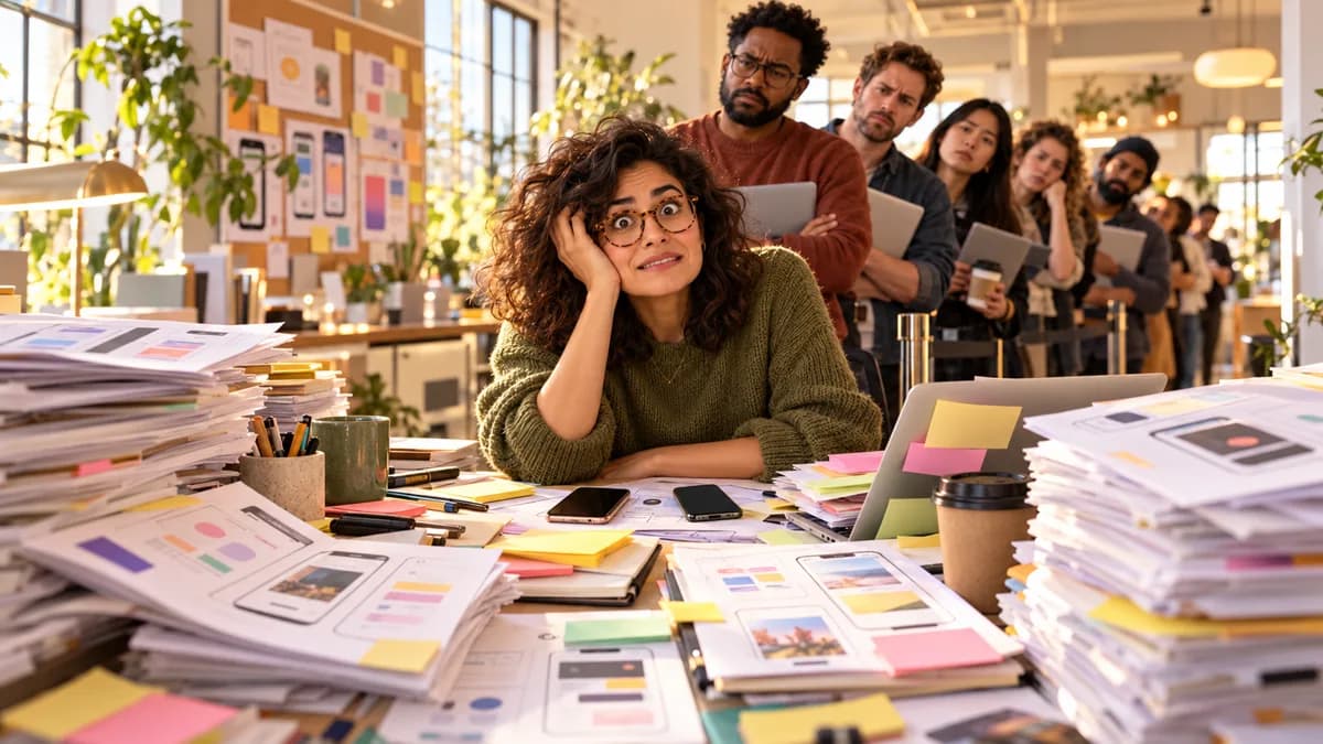 A product designer at a desk buried in paper, with a line of teammates waiting behind her