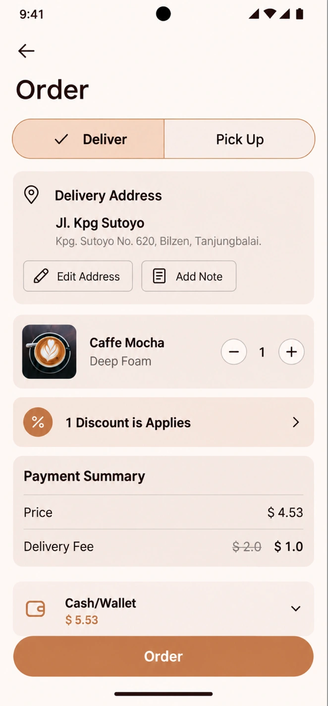 The same order screen running in the Android app