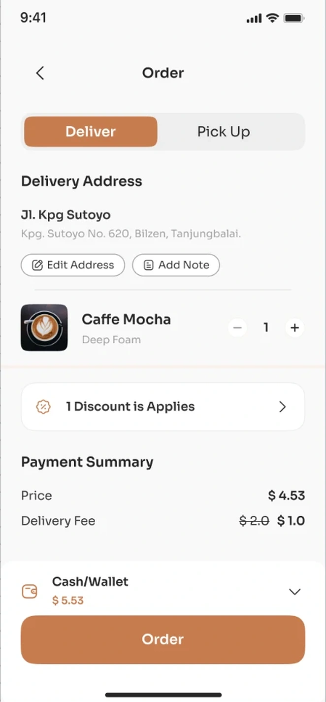 The order screen running in the iOS app