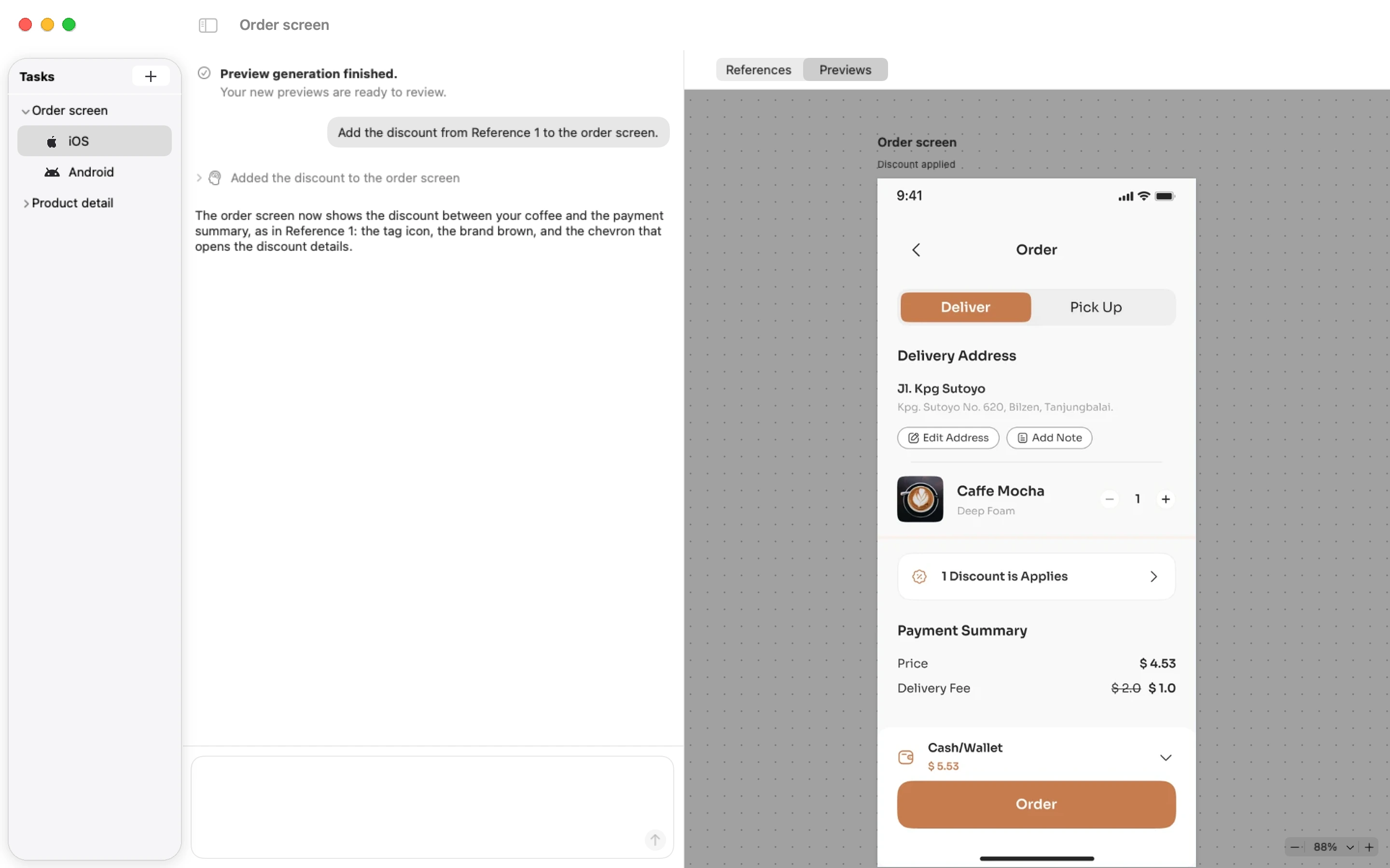 Stag after adding the discount from a Figma reference to the iOS order screen